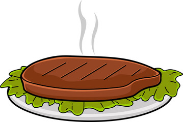 Cartoon Grilled Beef Steak On Plate. Vector Hand Drawn Illustration Isolated On White Background