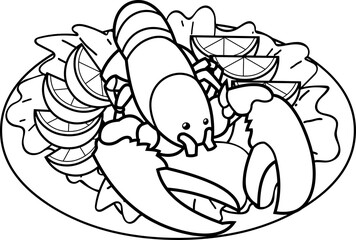 Outlined Cartoon Whole Boiled Lobster On Dish Over Leaf Salad And Lemon Slices. Vector Hand Drawn Illustration Isolated On White Background