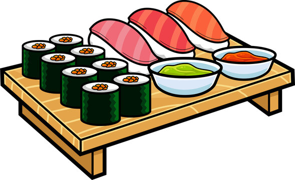 Cartoon Sushi Set Japanese Seafood Over Wooden Sushi Plate. Vector Hand Drawn Illustration Isolated On White Background