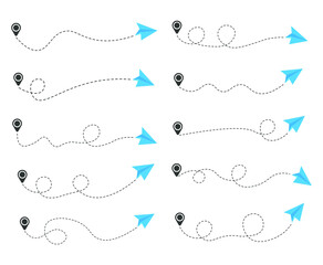 Obraz premium Set of dashed line paper airplane route with location icon