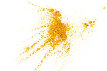 Scattered turmeric (Curcuma) powder pile isolated on white, top view