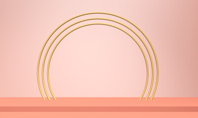 Abstract podium stage with golden arch. 3d rendering background. Light pink walls. Shiny golden circle.