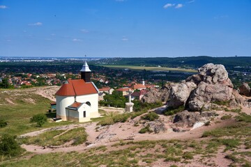 Small chapel on the top of the hill (called Kõ-hegy), Budaörs, Hungary. Famous and popular tourist attraction and perfect hiking place overlooking the stunning panoramic views.