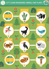 Ecological dice board game for children with endangered animals and plants. Earth day boardgame. Printable activity or worksheet with disappearing species. Eco awareness activity.
