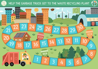 Ecological dice board game for children with garbage truck going to waste recycling plant. Earth day boardgame. Nature protection printable worksheet. Eco awareness or zero waste activity.