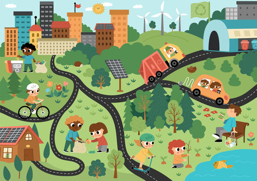 Vector eco city scene. Ecological town landscape with alternative transport, energy concept. Green city illustration with waste recycling plant, children caring of environment. Earth day picture.