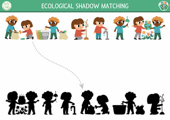 Ecological shadow matching activity with kids caring of environment. Earth day puzzle. Find correct silhouette printable worksheet or game. Eco awareness page for kids.