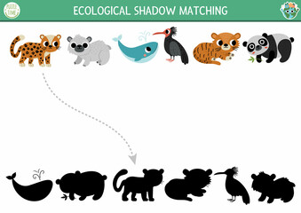 Ecological shadow matching activity with endangered species. Earth day puzzle. Find correct silhouette printable worksheet or game. Eco awareness page for kids with extinct animals.