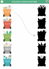 Ecological shadow matching activity with waste sorting concept. Earth day puzzle. Find correct silhouette printable worksheet or game. Eco awareness page for kids with rubbish bins.