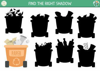 Ecological shadow matching activity with waste sorting concept. Earth day puzzle. Find correct silhouette printable worksheet or game. Eco awareness page for kids with rubbish bins.