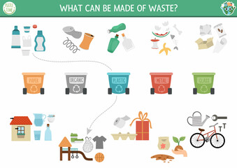 Ecological matching activity with waste sorting concept. Earth day puzzle. Printable worksheet or game. Sort out garbage. Eco awareness page for kids with rubbish bins. What can be made of waste?.