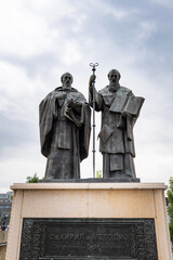 Cyril and Methodius statues in Skopje, North Macedonia.  The two brothers are Byzantine Christian...