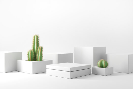 Summer tropical background, White Podium with cactus, Mock up for the exhibitions, Presentation of products, 3d render.
