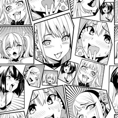 Black vector seamless pattern with ahegao face emotion, illustration manga set. Hand-drawn art for t-shirts, helmets, cars, and wallpapers. concept graphic design element. Isolated on white background - obrazy, fototapety, plakaty