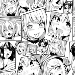 Fotobehang Black vector seamless pattern with ahegao face emotion, illustration manga set. Hand-drawn art for t-shirts, helmets, cars, and wallpapers. concept graphic design element. Isolated on white background © alwee