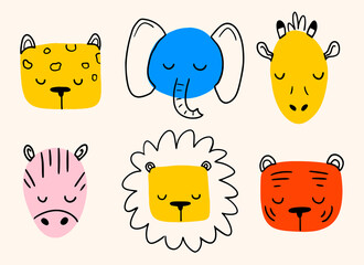 Hand drawn doodle animal heads on white background. Modern colorful animal faces for decoration. Journal doodle. Lion, elephant, tiger, zebra, giraffe, cheetah.