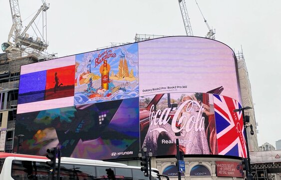 London in the UK in June 2022. A view of the displays in Piccadilly Circus in London