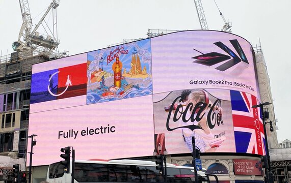 London in the UK in June 2022. A view of the displays in Piccadilly Circus in London