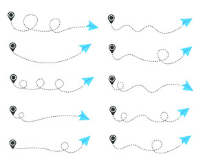 Set of dashed line paper airplane route with location icon