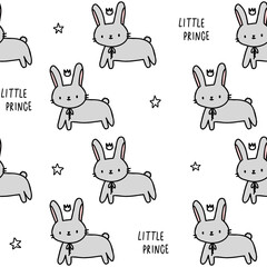 Cute pattern with rabbit, stars, crown line doodle. Seamless background bunny. Textiles for children. Minimalism paper scrapbook for kids.