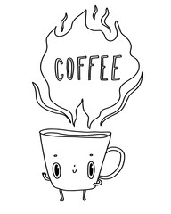 Mug with face. Cute doodle coffee postcard, poster, background. Hand drawn vector illustration.