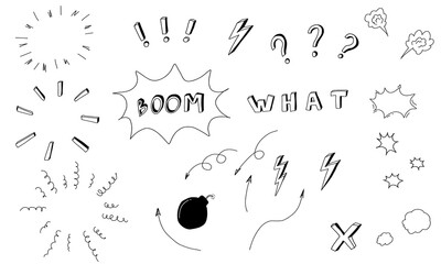 Doodle arrows, stars, skull, text. Sketch set cute isolated line collection.