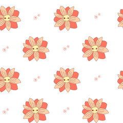Cute white pattern with doodle flowers fabric. Seamless background textiles for kids. Minimalism paper scrapbook.