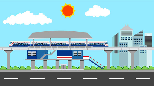 BTS Sky Train Transportation in Bangkok Cityscape Buildings Thailand.Vector Illustration.