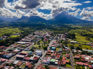 Beautiful aerial view of San Carlos La Fortuna Town - Arenal Volcano la Fortuna Church in Costa Rica