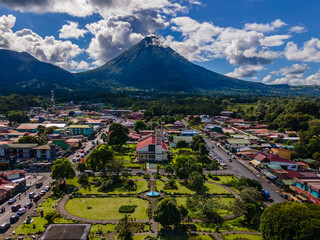 Beautiful aerial view of San Carlos La Fortuna Town - Arenal Volcano la Fortuna Church in Costa Rica