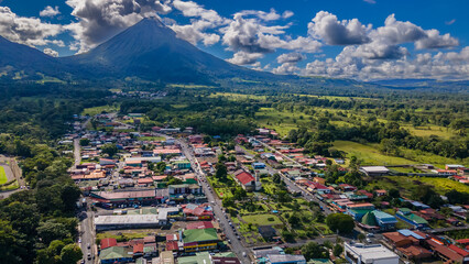 Beautiful aerial view of San Carlos La Fortuna Town - Arenal Volcano la Fortuna Church in Costa Rica
