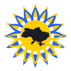 Sunflower on a white background with a map of Ukraine inside. The sunflower flower has become the official symbol of the Day of Remembrance of the Defenders of Ukraine. Blue and yellow. Vector.