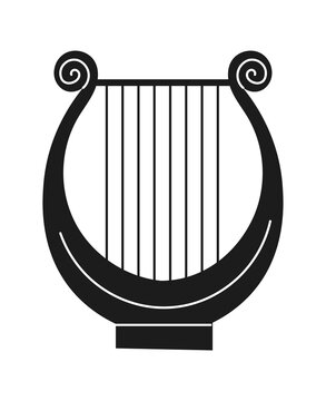 Abstract classic antique harp. Mythical, ancient greek style. Trendy black and white vector illustration isolated on black background.	