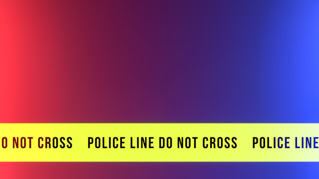 Police line does not cross. Yellow police tape against the background of police sirens turned on with a place for text. 3D render.
