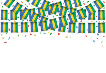 Gabon flag garland white background with confetti, Hang bunting for Gabon independence day celebration template banner, Vector illustration
