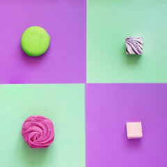 Pop Art. Macaron and marshmallows on colored backgrounds