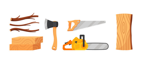 Set of Lumberjack Tools, Tree Branches, Wooden Planks and Log, Timbers and Woodcutter Instruments Chainsaw, Saw, Axe