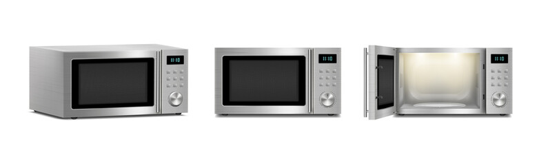 Set of microwave ovens with light inside, with open and close door, front view, Side View isolated on white background. Household appliance to heat and defrost food, for cooking. Vector 3d realistic