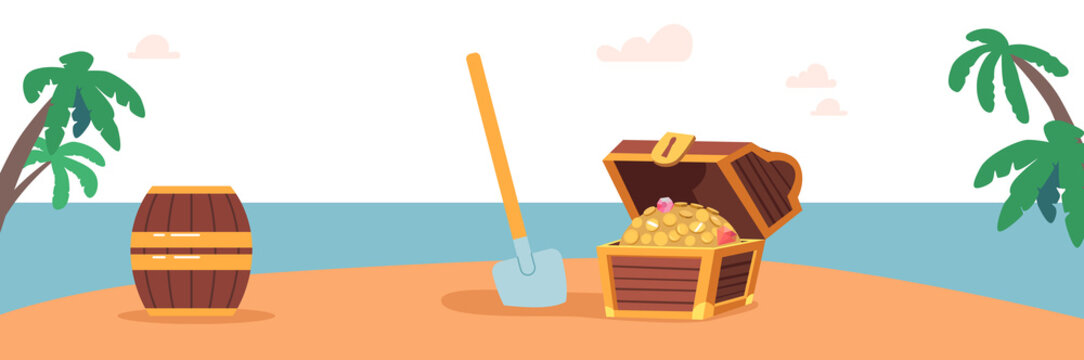 Pirate Loot in Treasure Chest, Barrel with Rum and Shovel Stuck in Sand on Tropical Island. Cartoon Background with Sea