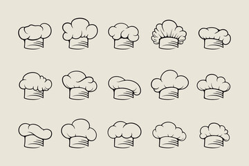 Chef Hat, Toque Monochrome Linear Icon Collection. Vector Cook, Baker Chef Caps Design Template Set Isolated. Bakery, Restaurant, Kitchen Uniform. Outline Black, White Cotton Hats, Professional Cloth