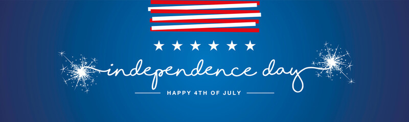 Independence day USA handwritten typography sparkle firework United States abstract red white ribbon with stars blue banner