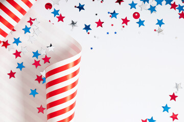 4th of July American Independence Day. Happy Independence Day, decorations on white background. Flat lay, top view, copy space