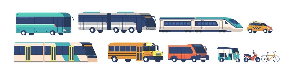 Set of Public Transport Bus, Metro, Trolleybus and Train. School Bus, Scooter and Bicycle Isolated on White Background