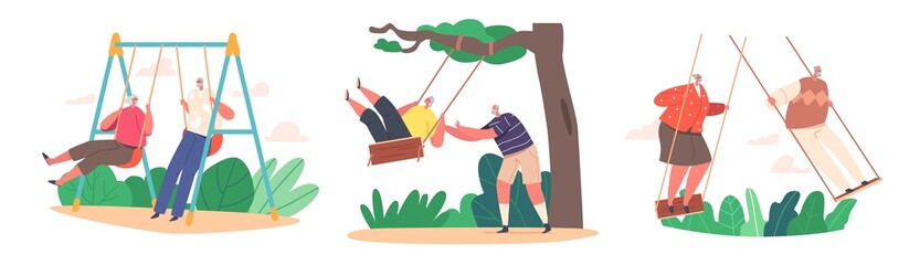 Set of Funny Senior Characters Swing, Old Man and Woman Having Outdoors Fun Swinging on Seesaw. Carefree Elderly Couple