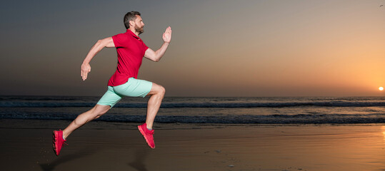 Man running and jumping, banner with copy space. energetic summer. runner feel freedom. hurry up. endurance.