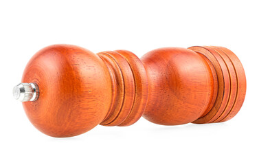Wooden pepper mill isolated on a white background. Mechanical pepper grinder.