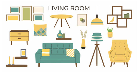 Scandinavian interior set. Cozy furniture: couch, armchair, shelf, table, lamp, decor. Living room furniture. Hygge style interior. Flat vector illustration.