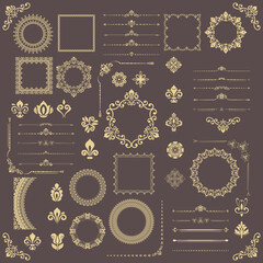 Obraz na płótnie Canvas Vintage set of vector horizontal, square and round elements. Yellow elements for backgrounds, frames and monograms. Classic patterns. Set of vintage patterns