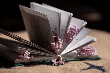 open book with pink lilac flowers between the pages on the table and dark background