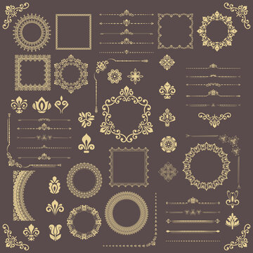 Vintage set of vector horizontal, square and round elements. Yellow elements for backgrounds, frames and monograms. Classic patterns. Set of vintage patterns